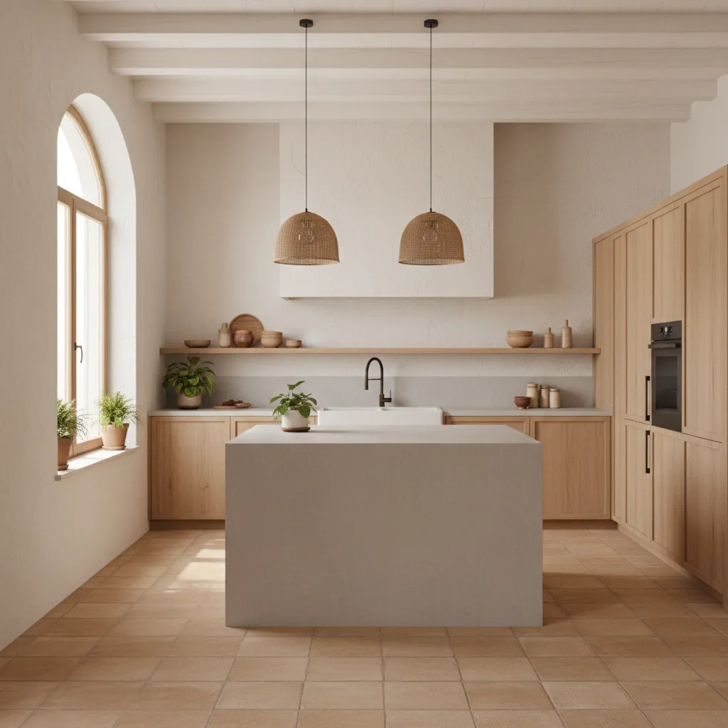 render de diseño de cocina moderna con distribución funcional