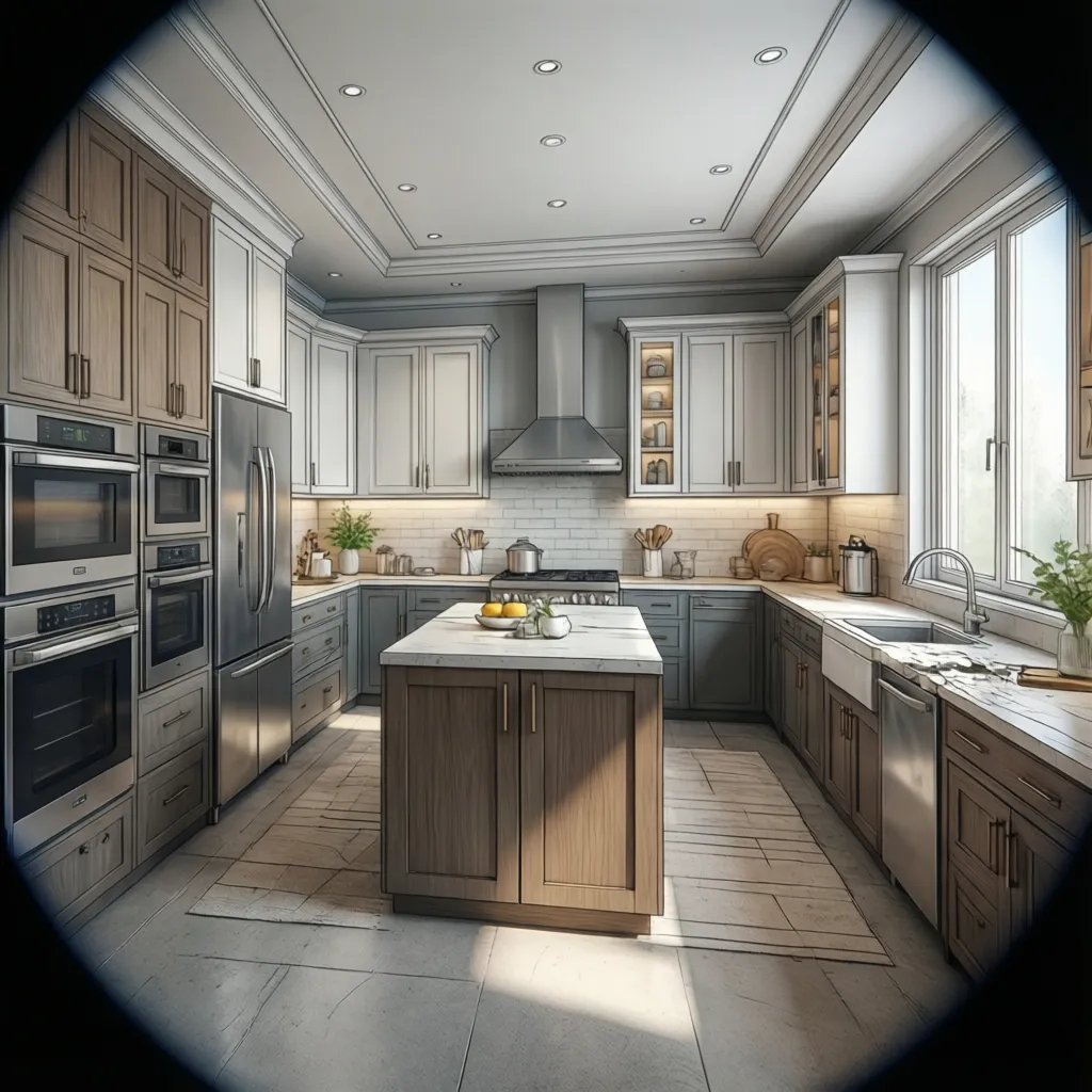 Diseño digital de una cocina moderna con distribución de muebles en software