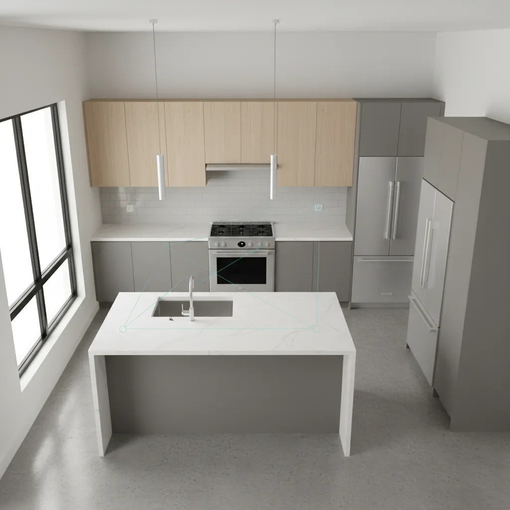 Diseño de cocina mostrando el triángulo de trabajo entre fregadero, cocina y frigorífico