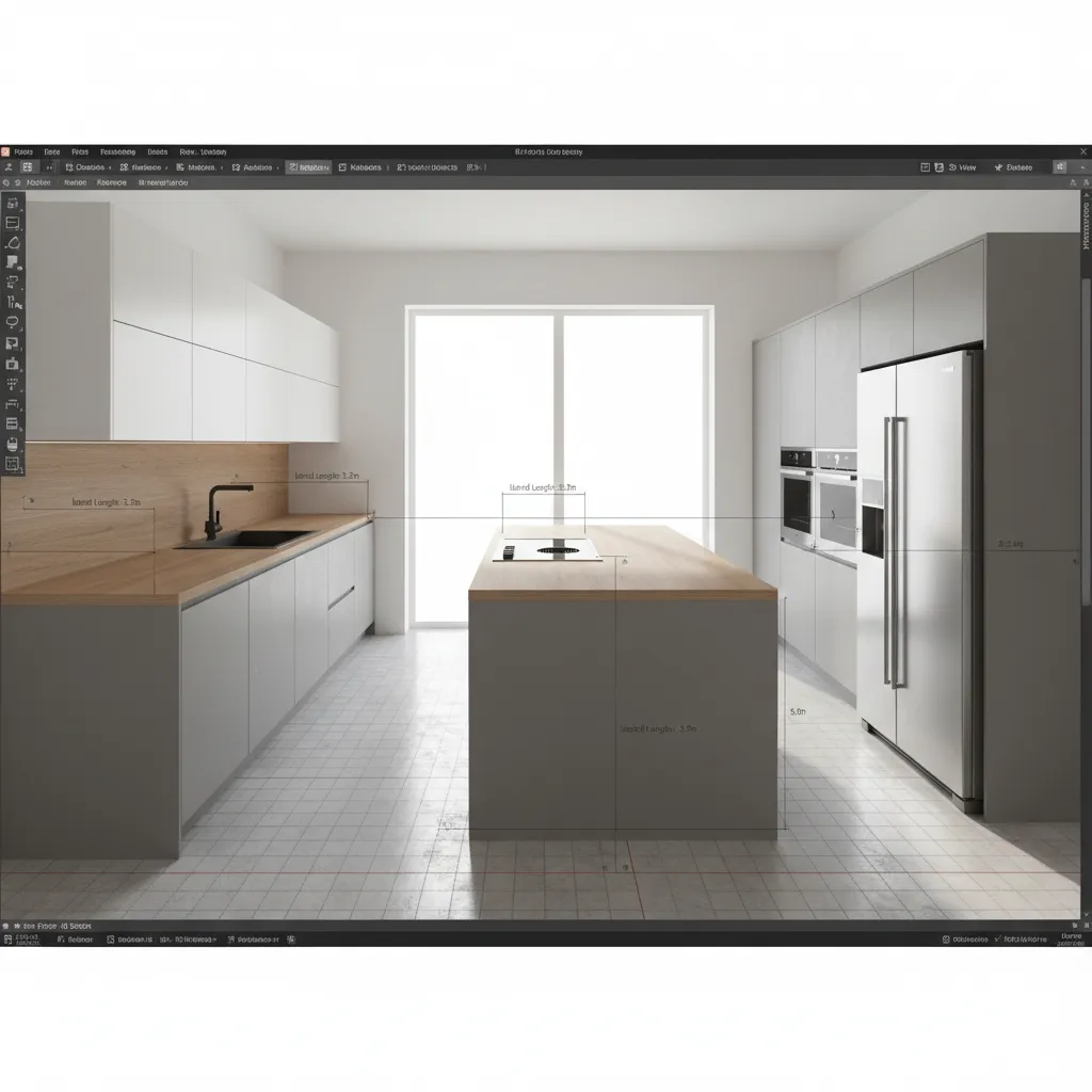 Diseño virtual de cocina con distribución de muebles y electrodomésticos