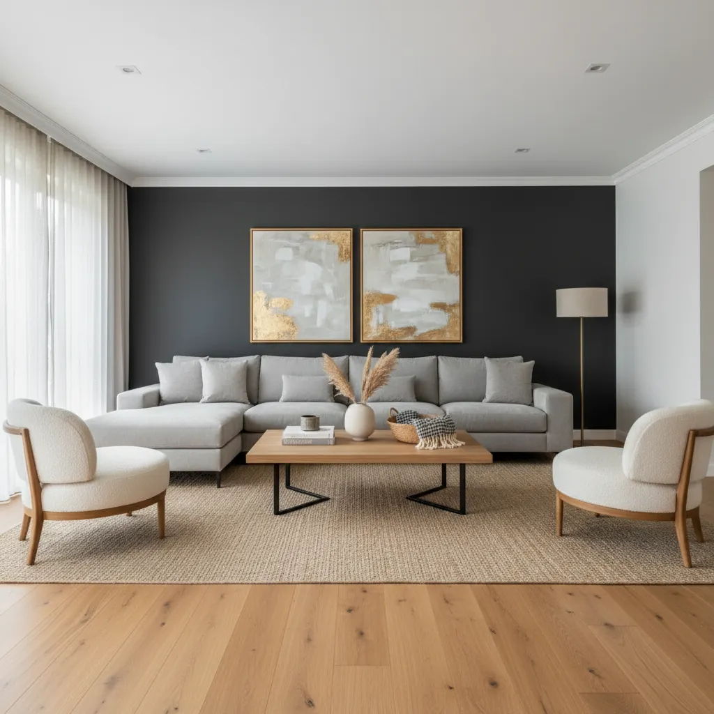Modern living room with grey sofa white chairs wood floor and dark grey accent wall
