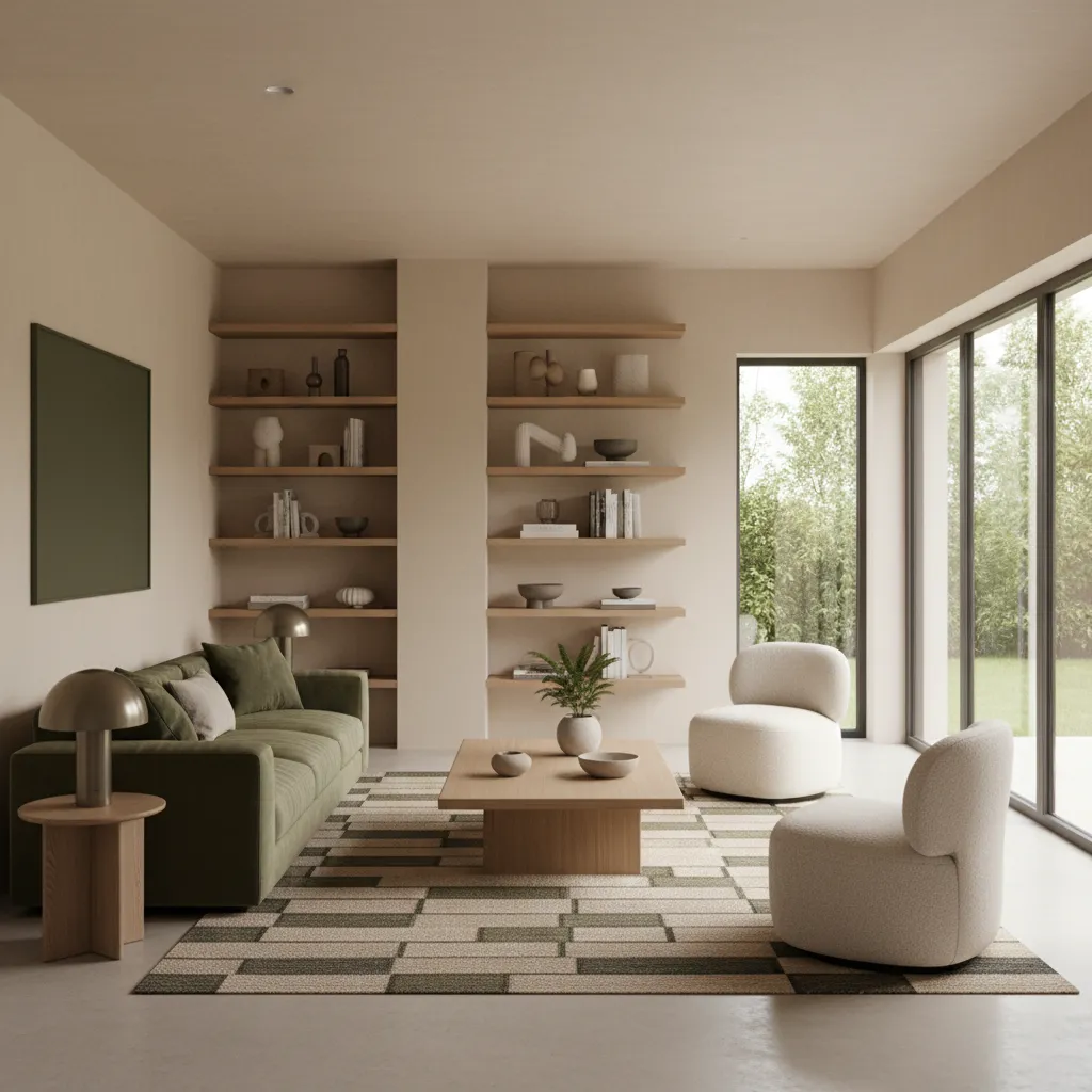 Minimalist living room with green sofa two white chairs wood coffee table and wall shelves