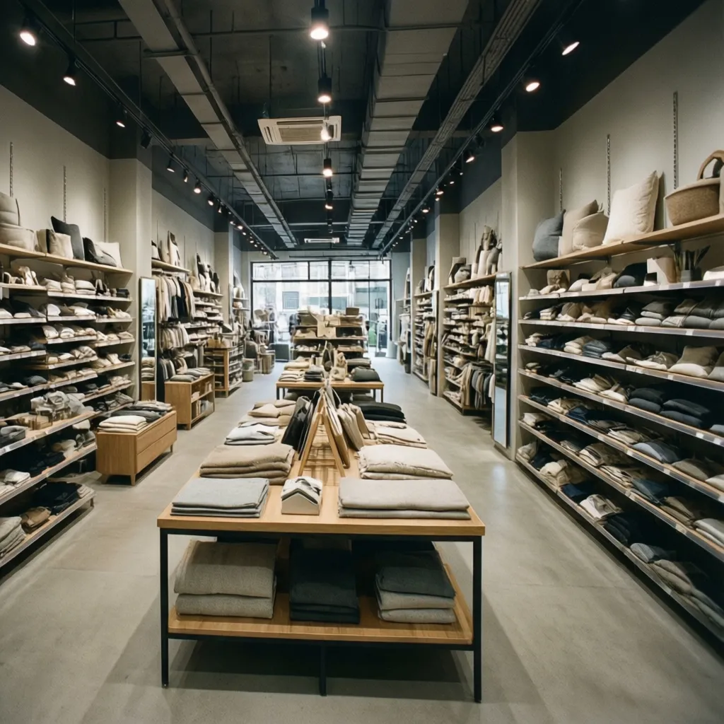 Interior de tienda con estanterías bien organizadas y pasillos amplios