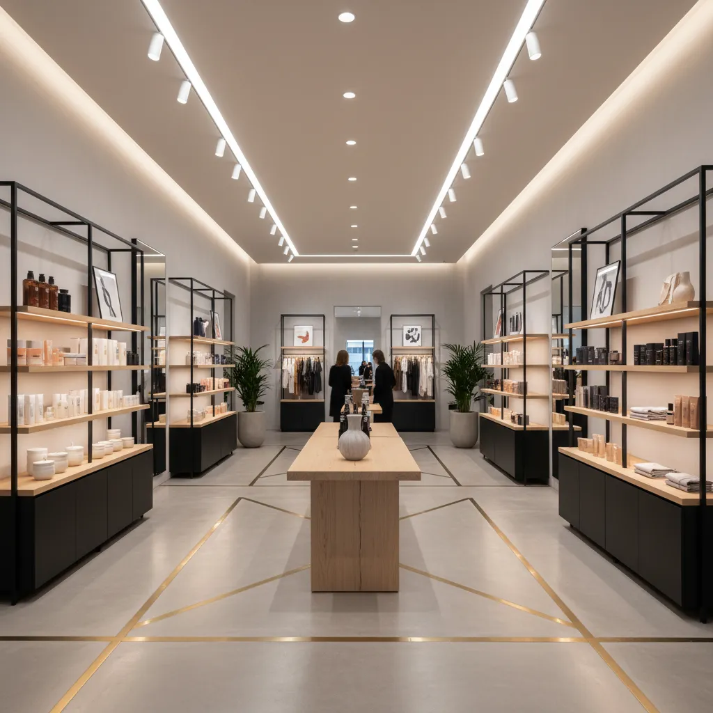 Interior de una tienda moderna con iluminación comercial
