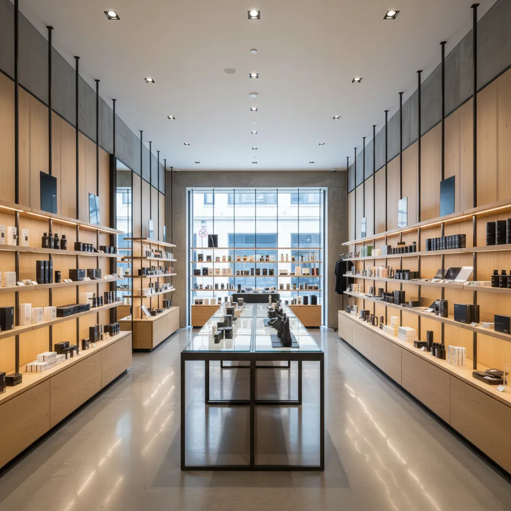 Interior de tienda moderna con diseño comercial estratégico