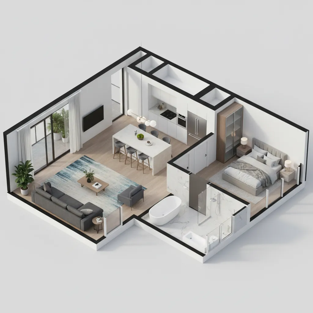 Vista completa en 3D de una vivienda con varias habitaciones