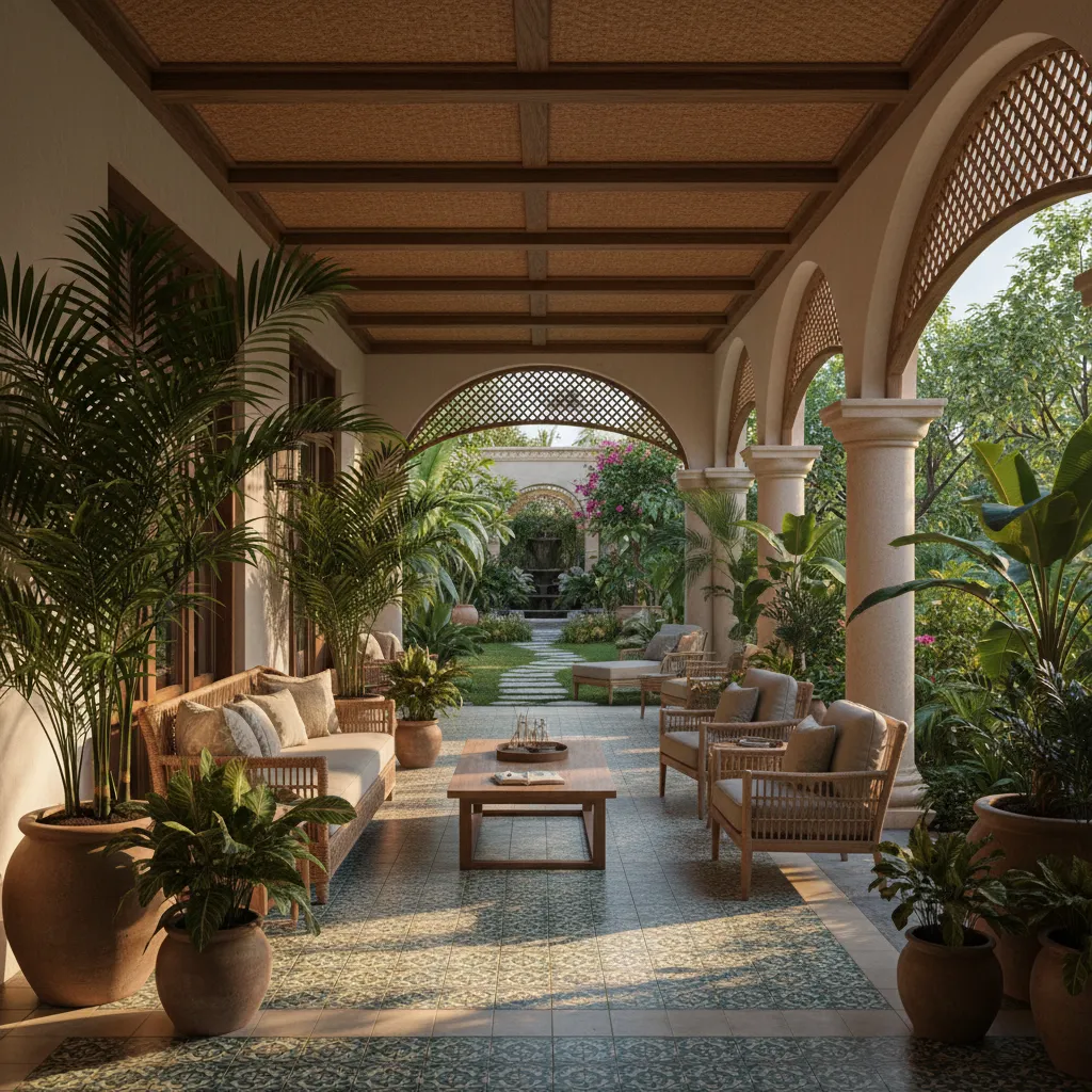 Corredor amplio con plantas y mobiliario exterior