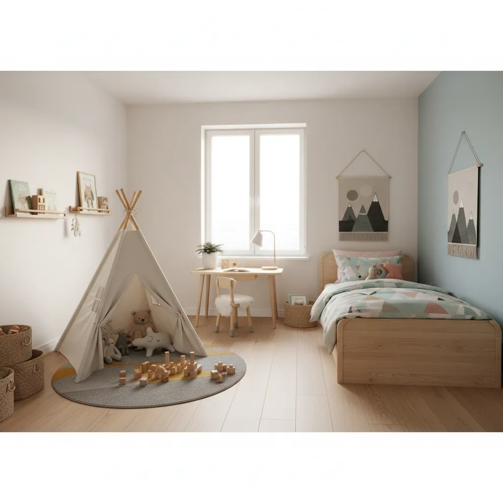 Bright kids bedroom featuring wooden bed play tent small desk chair wall art and natural light
