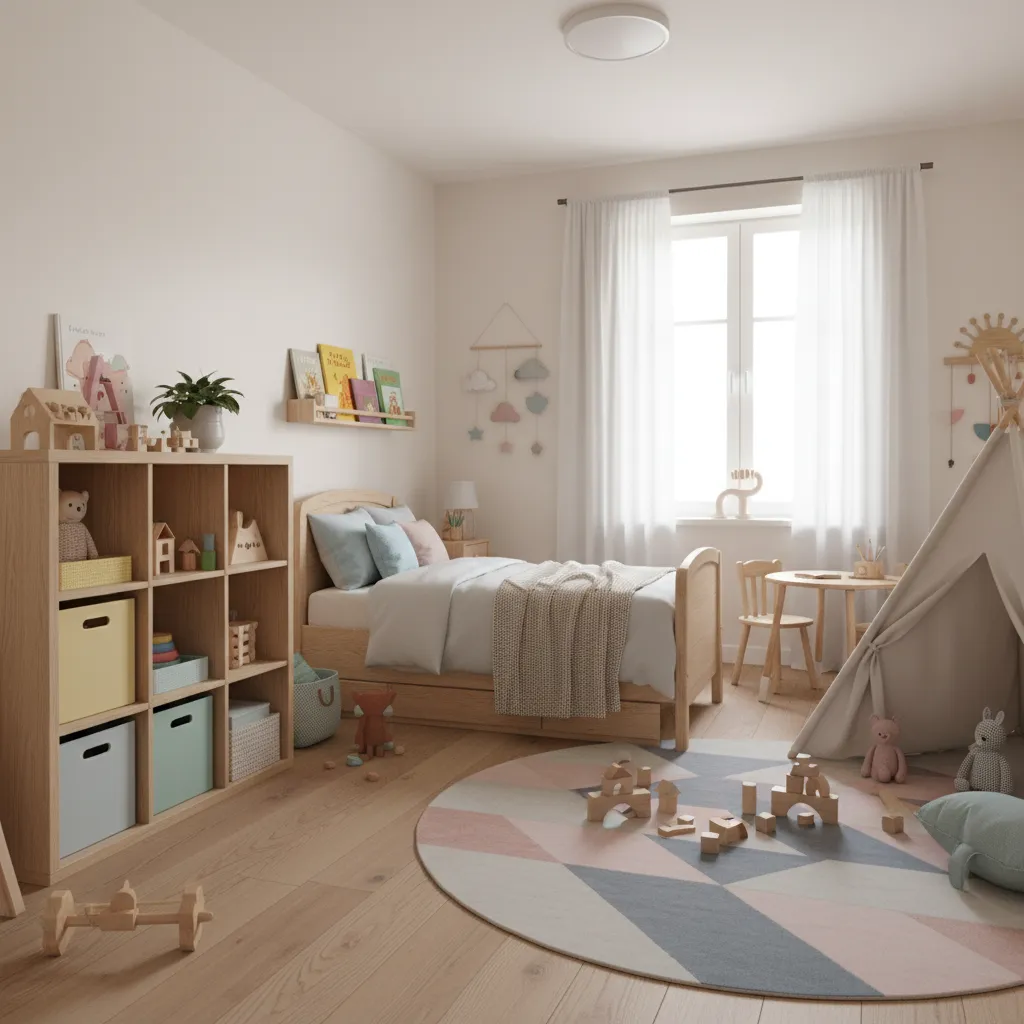 Modern kids bedroom featuring wooden bed storage cabinet play tent round rug and white curtains