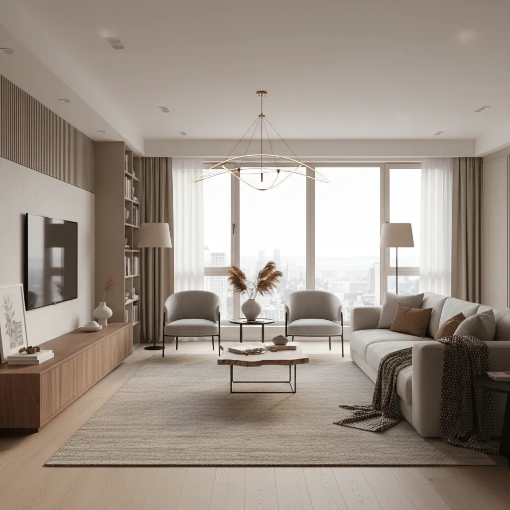 Modern living room featuring beige sofa, grey armchairs, wood cabinet, ceiling light, and large window