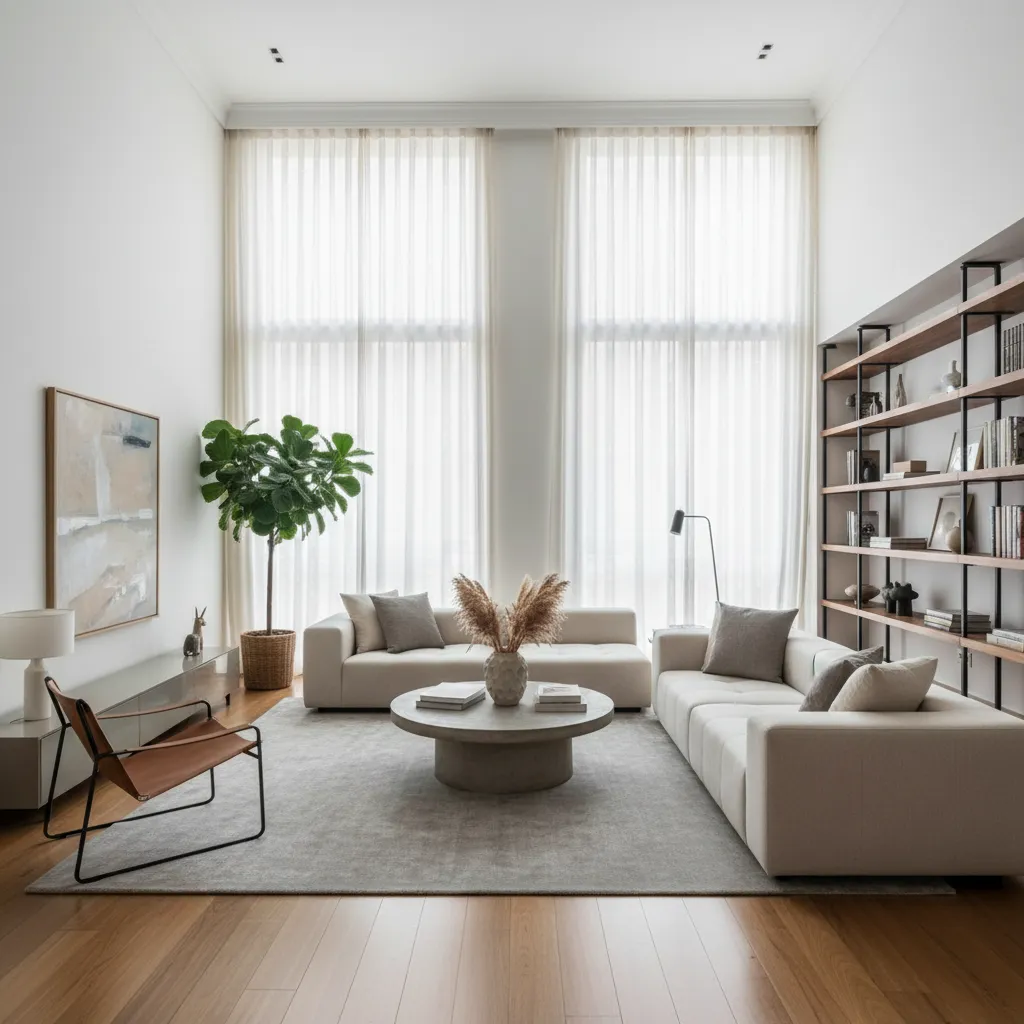 Modern living room with white sofas round stone coffee table tall curtains and wooden shelves