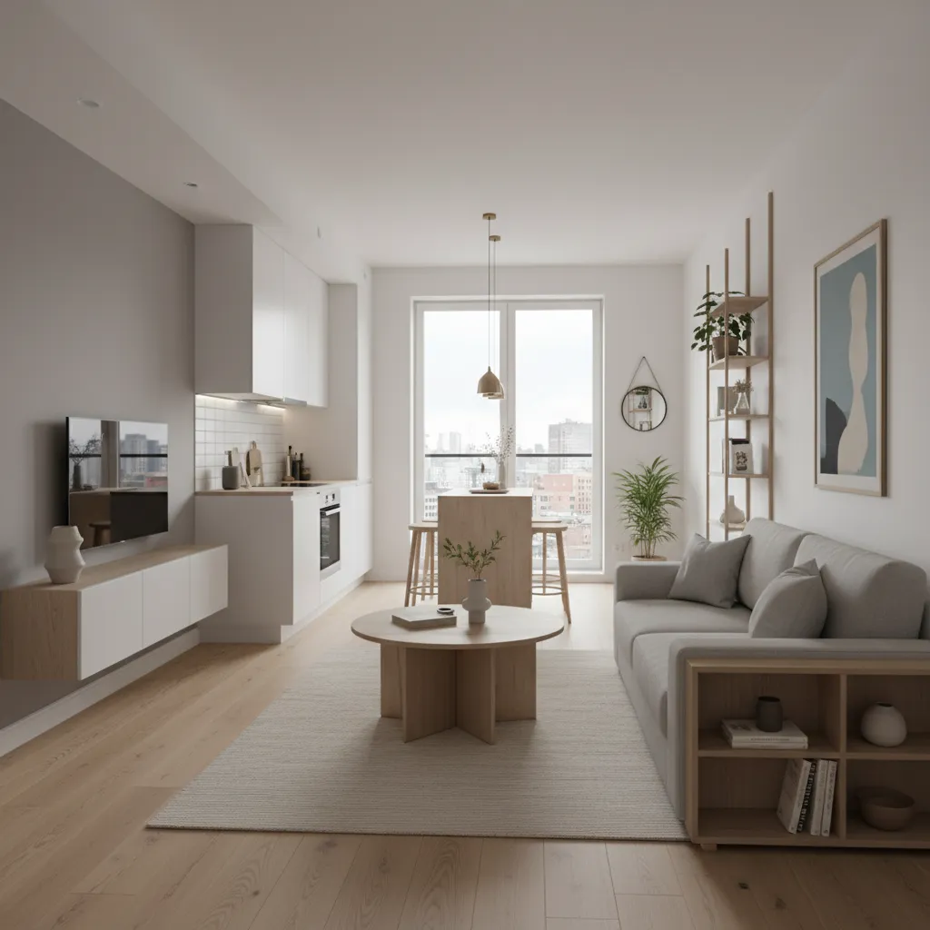 Modern open plan living room with grey sofa wooden coffee table white kitchen and window