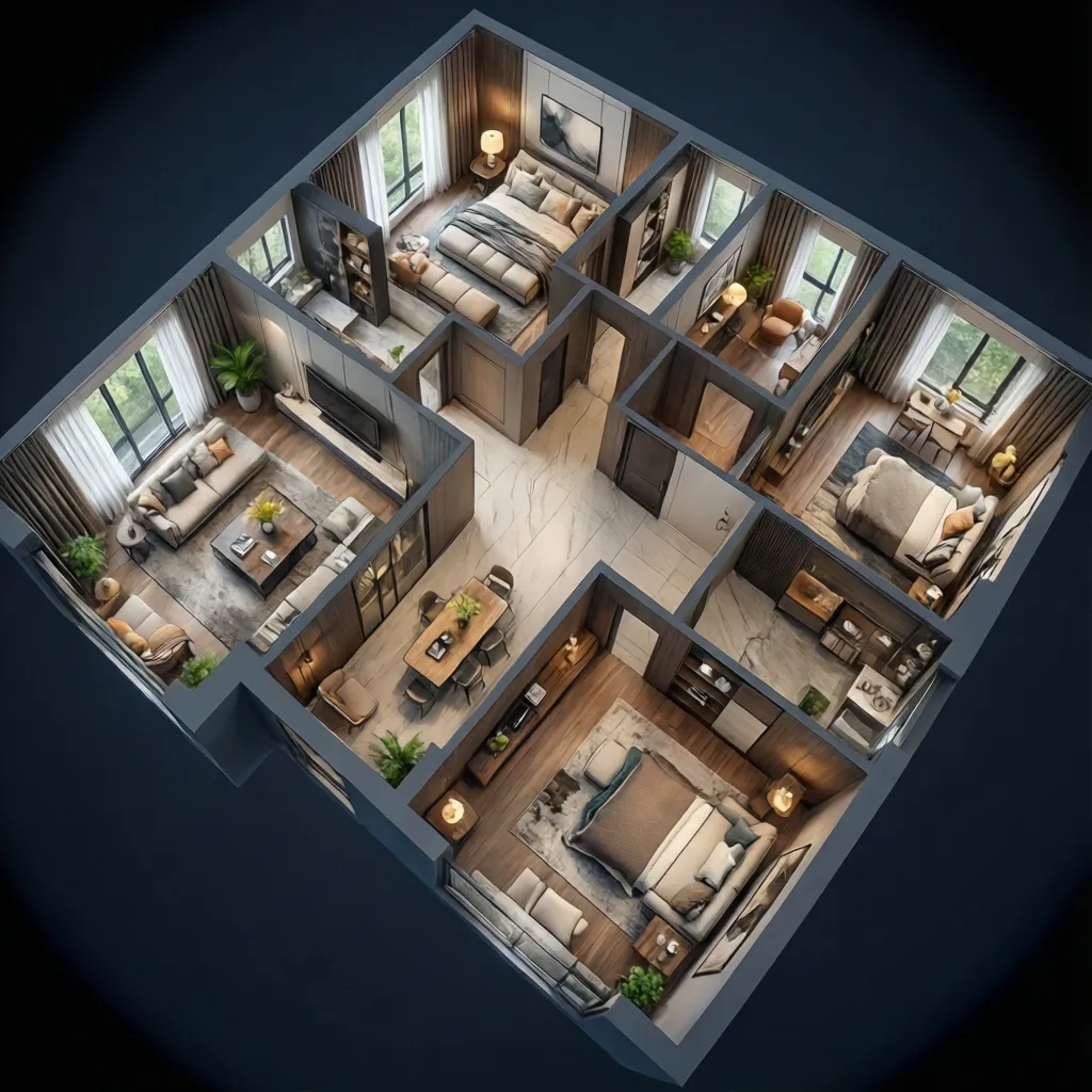 Modelo 3D completo de apartamento diseñado en software de interiores