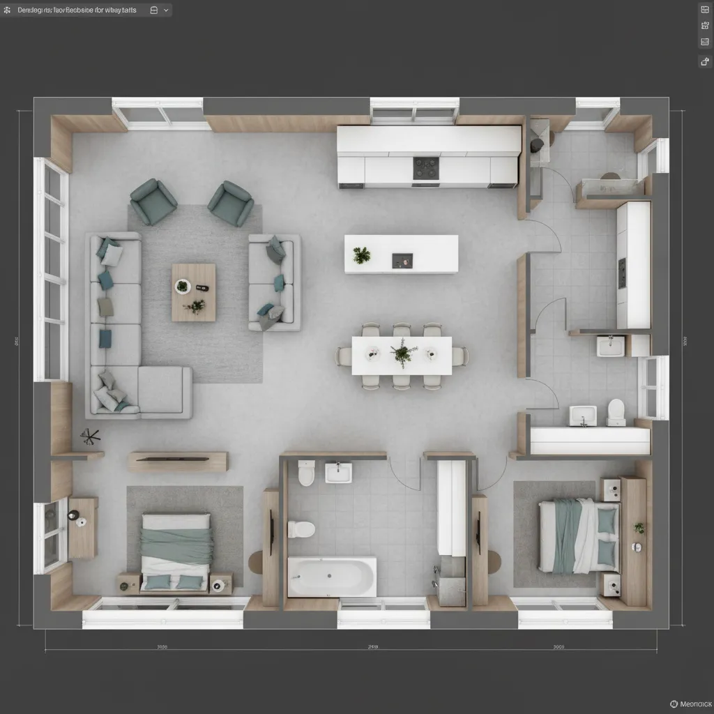 Plano digital de una vivienda completa con varias habitaciones diseñadas
