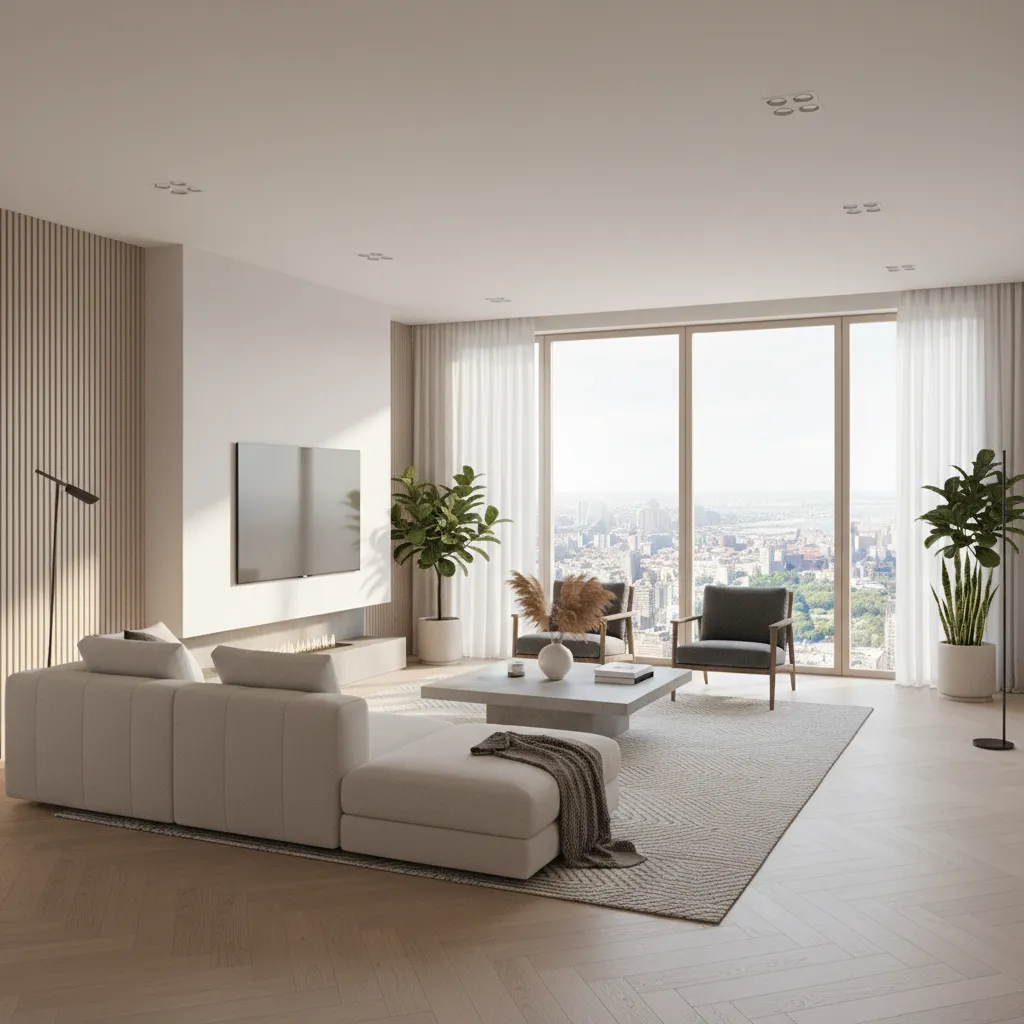 Render 3D realista de interior de vivienda generado con software de diseño
