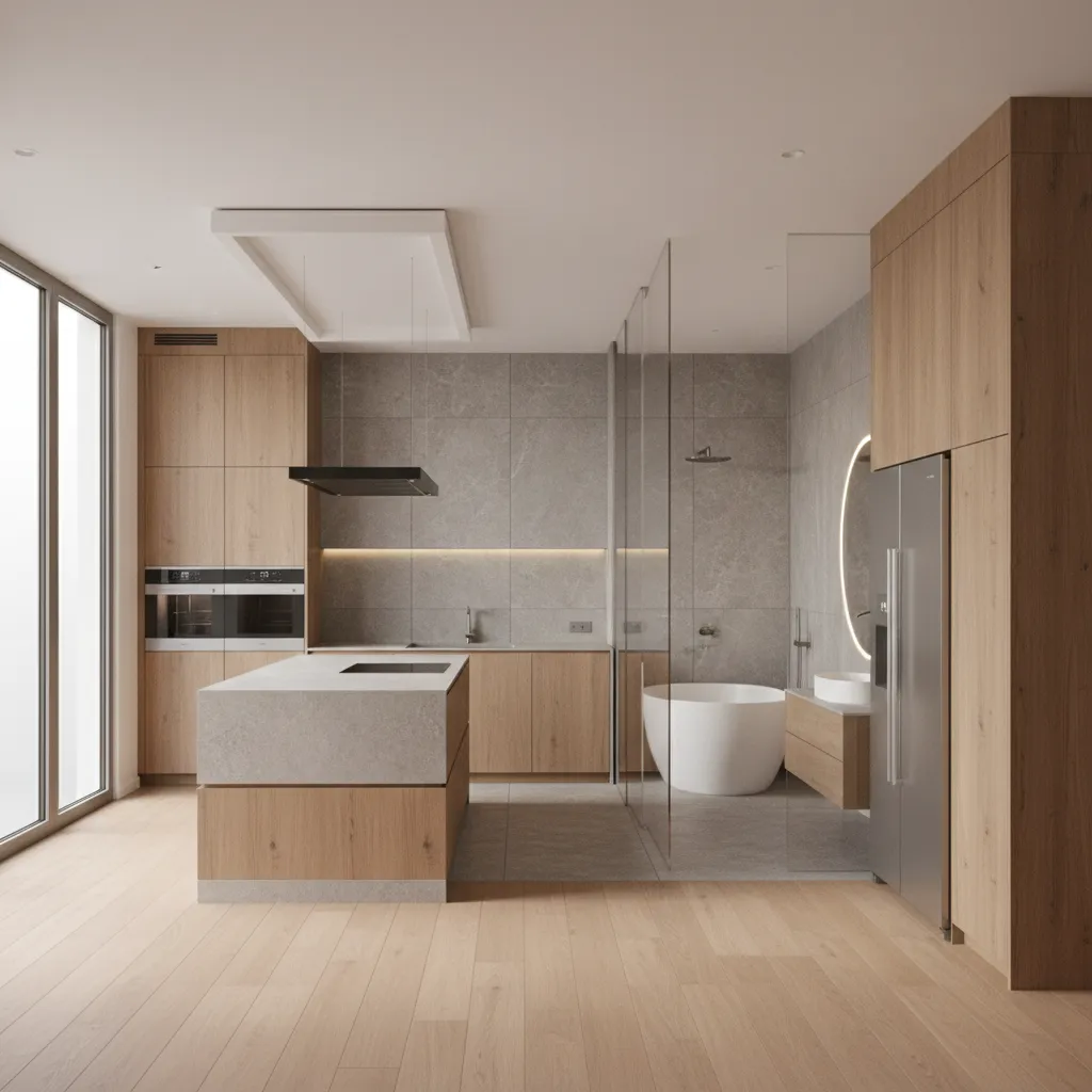 Visualización 3D de cocina y baño en un proyecto de diseño interior