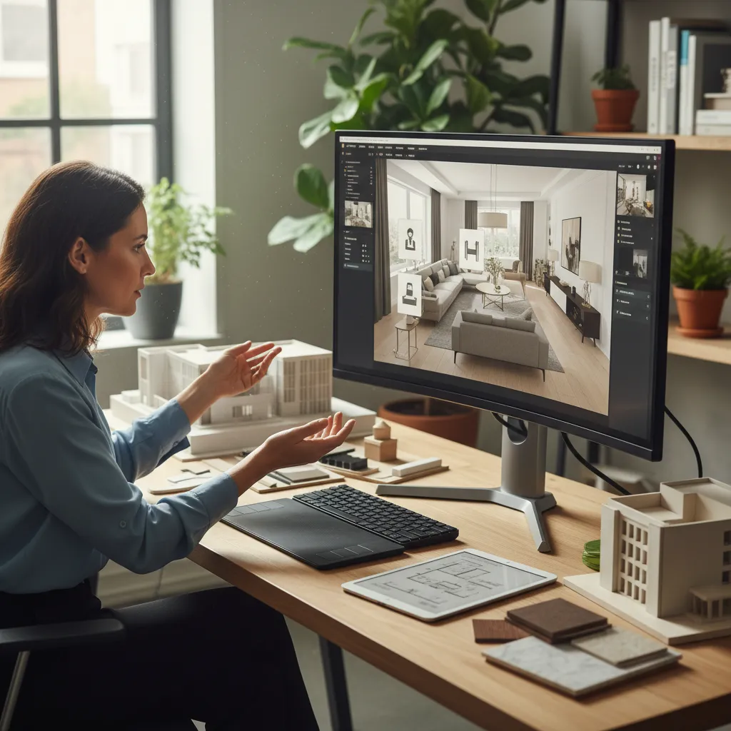 Diseñador ajustando distribución de muebles en software de interiorismo