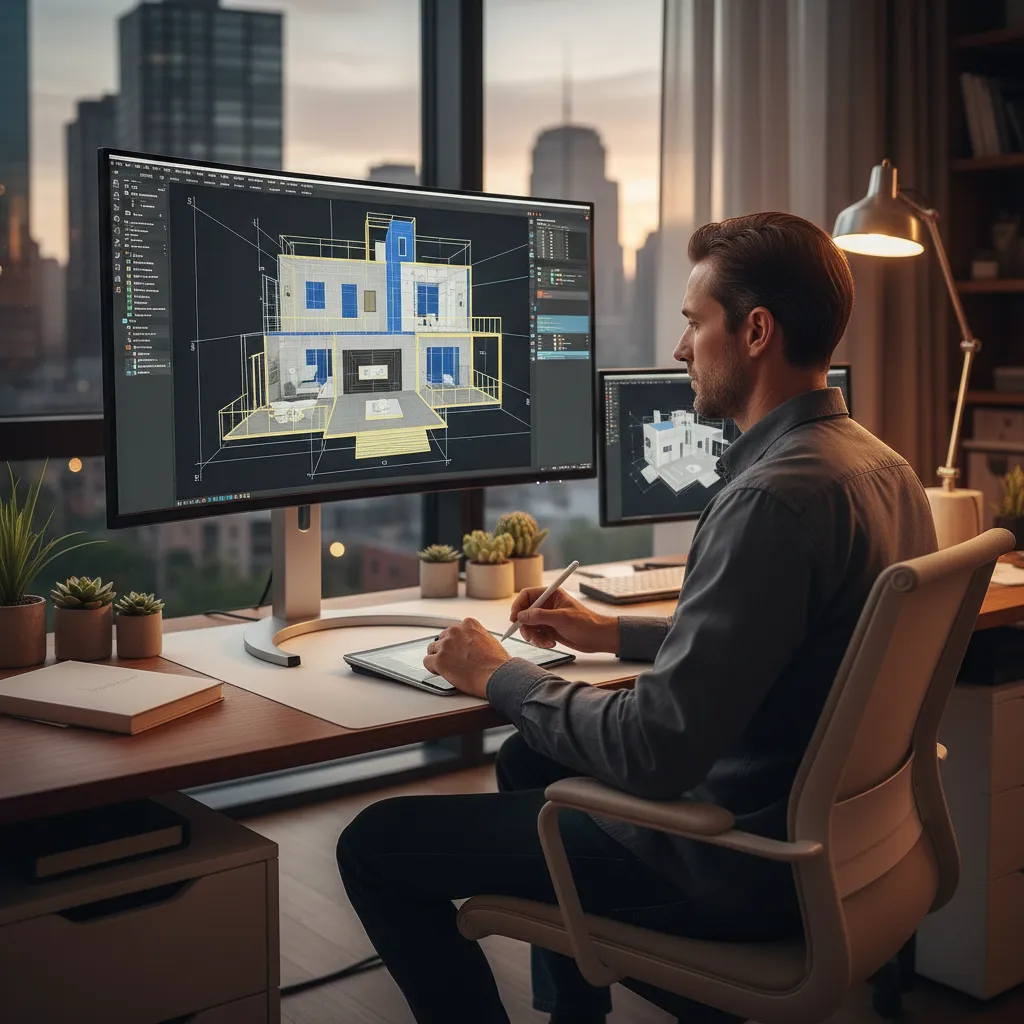 Designer using tablet to create interior design drawing on large monitor in a home office
