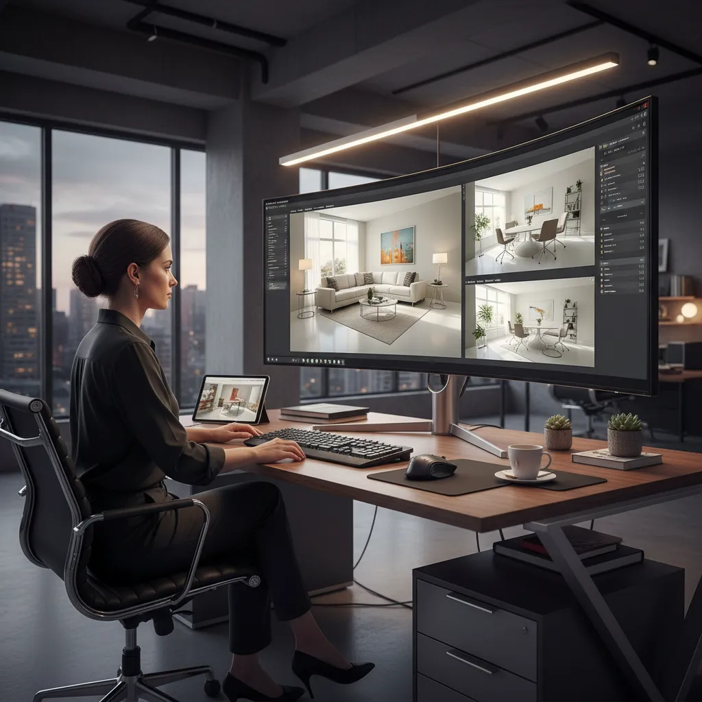 Diseñador creando un showroom de muebles en software 3D