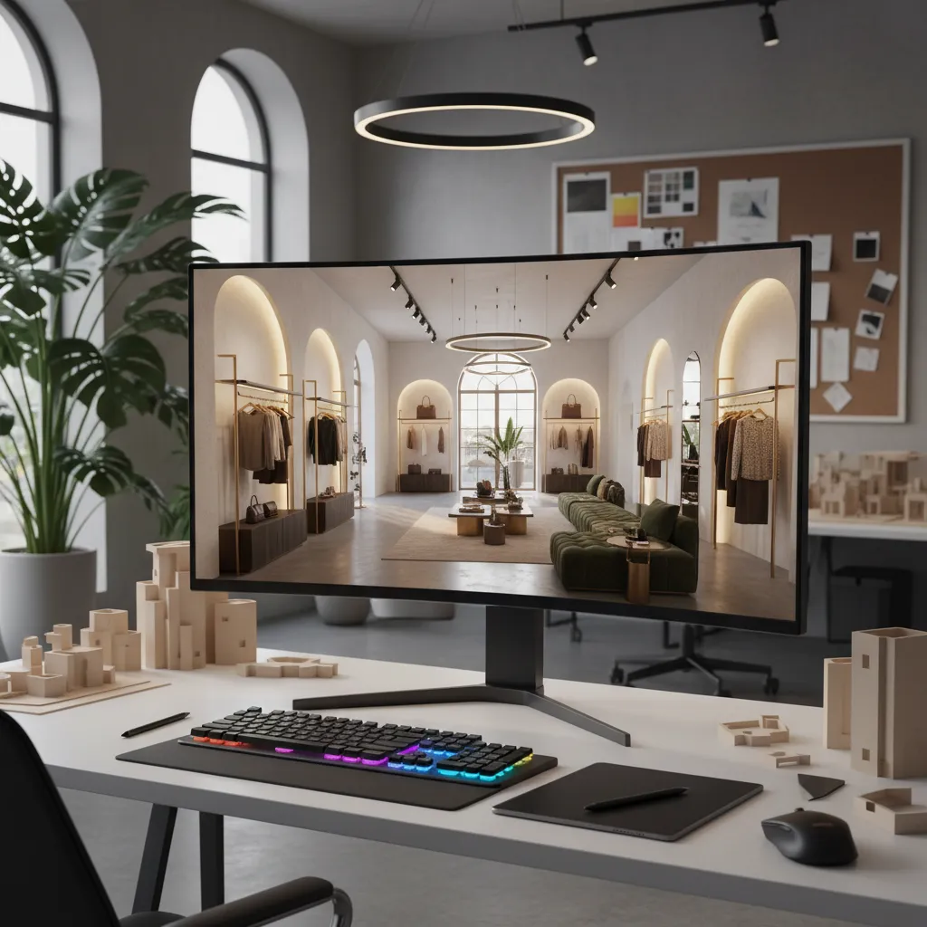 Visualización digital del diseño interior de una tienda de ropa