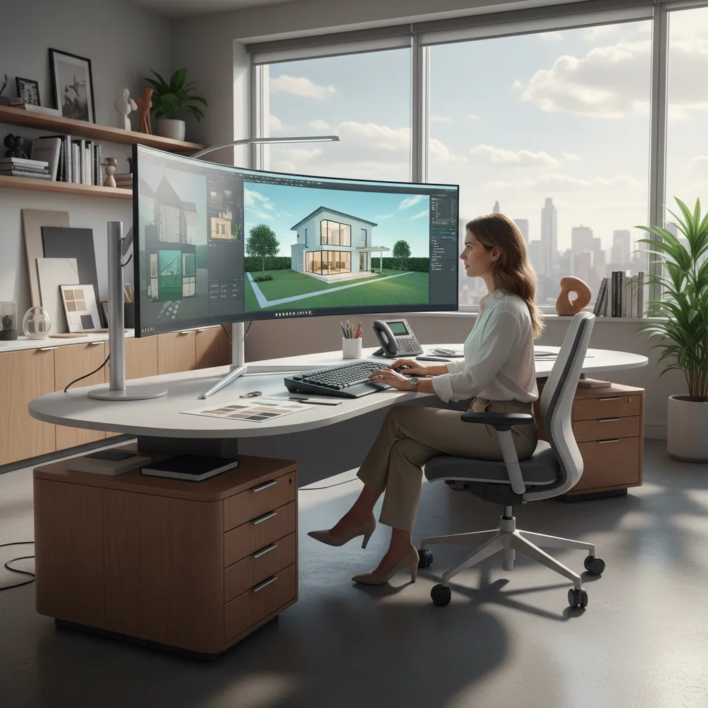 Diseñador revisando modelo digital de casa en ordenador