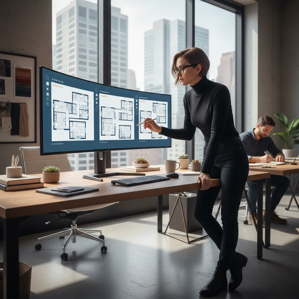Woman designing apartment floor plans on a large curved computer screen in a modern office