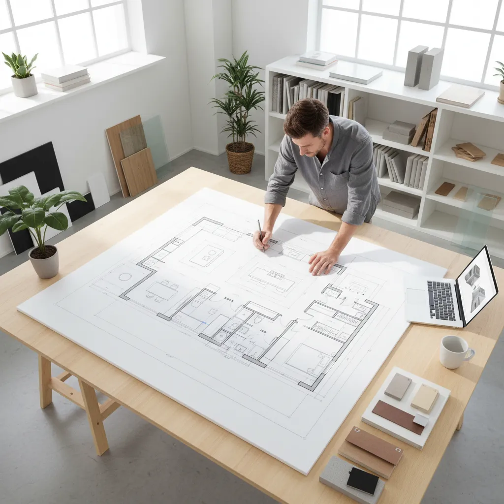 Designer drawing an interior design drawing on a large table with a laptop and plants