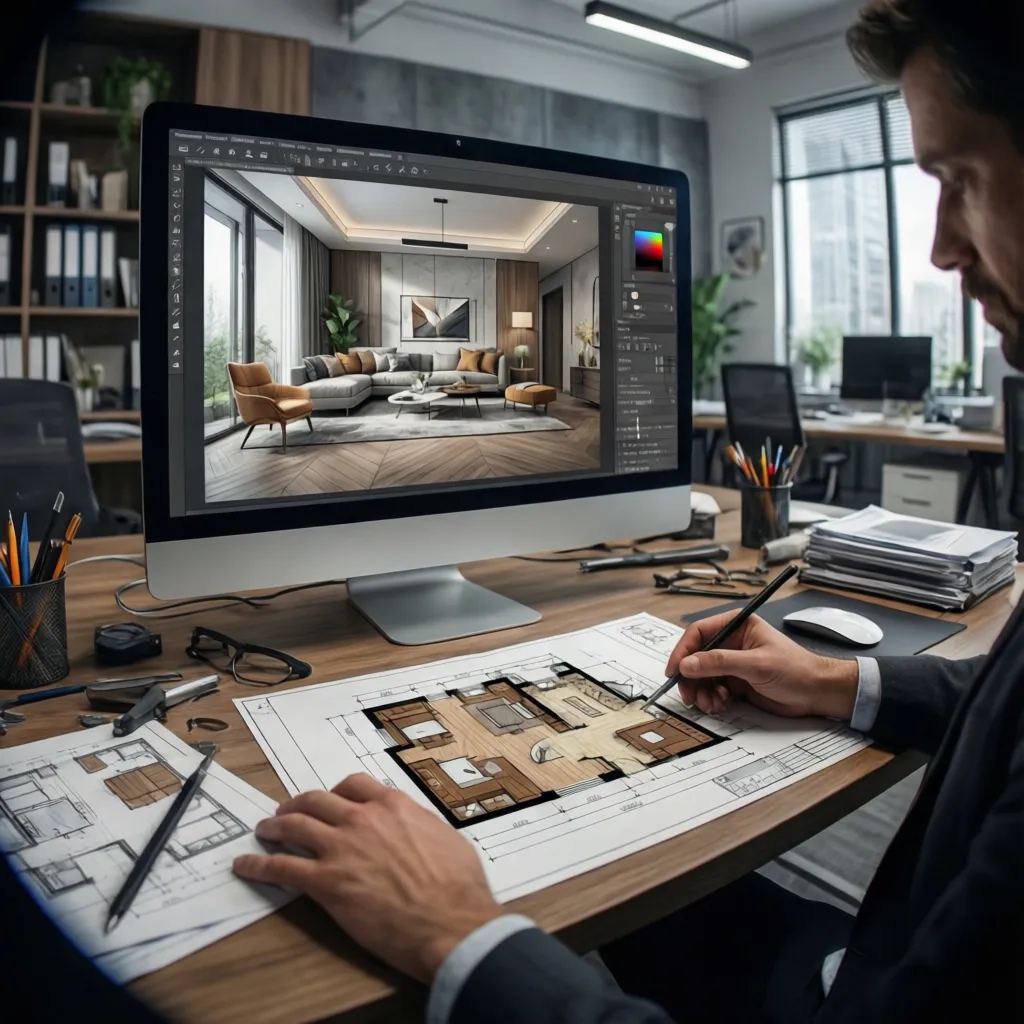 Diseñador ajustando la distribución de habitaciones en software de arquitectura