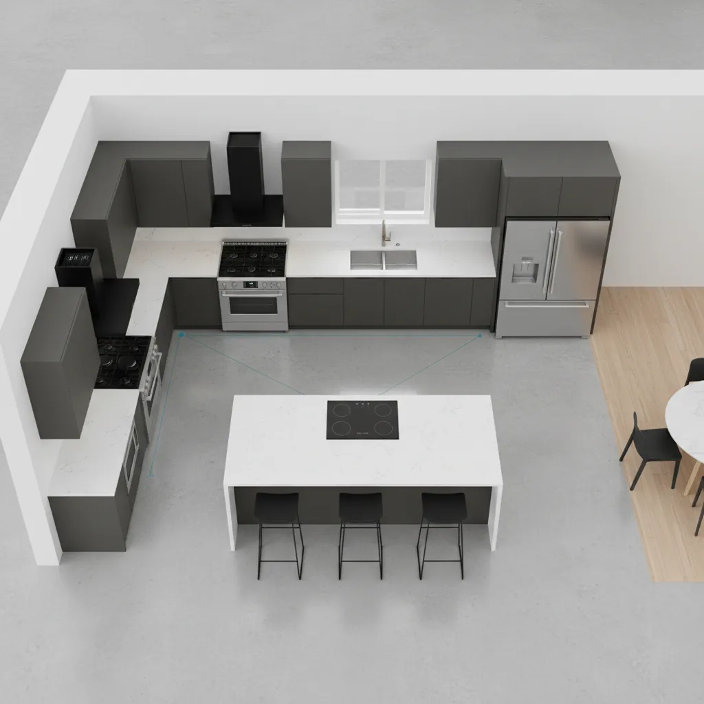 Diseño de cocina mostrando distribución funcional de muebles y electrodomésticos