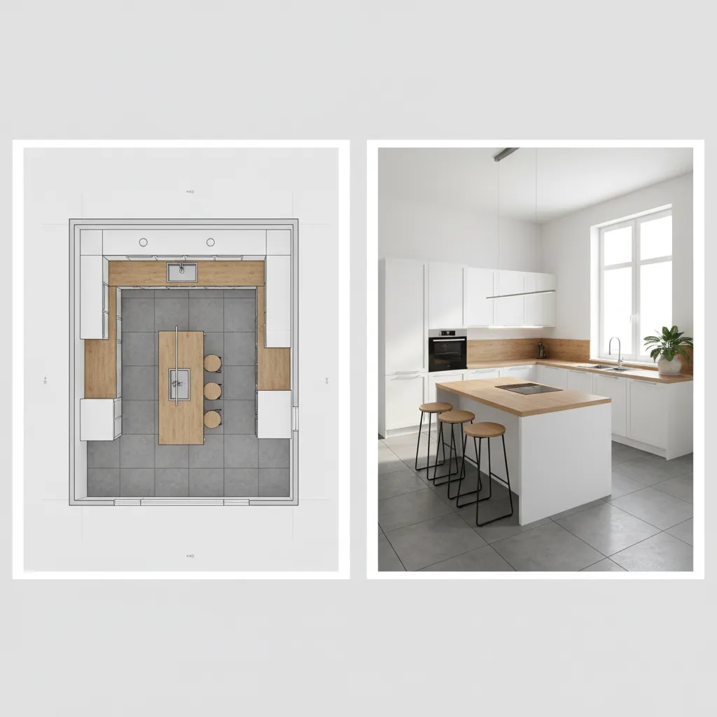 Side by side comparison of a kitchen room layout drawing and a modern 3D rendering