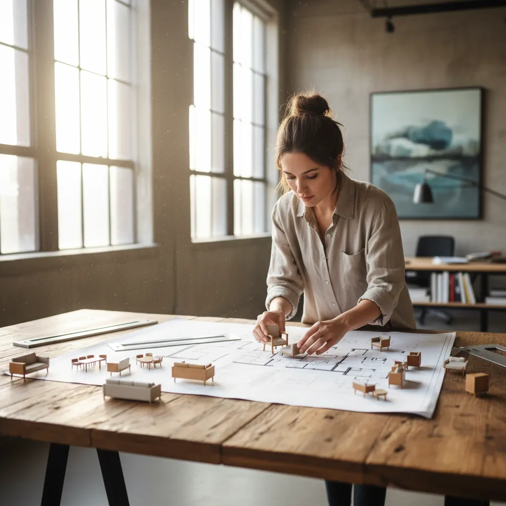 Woman placing small furniture models on a large paper floor plan layout on wooden desk