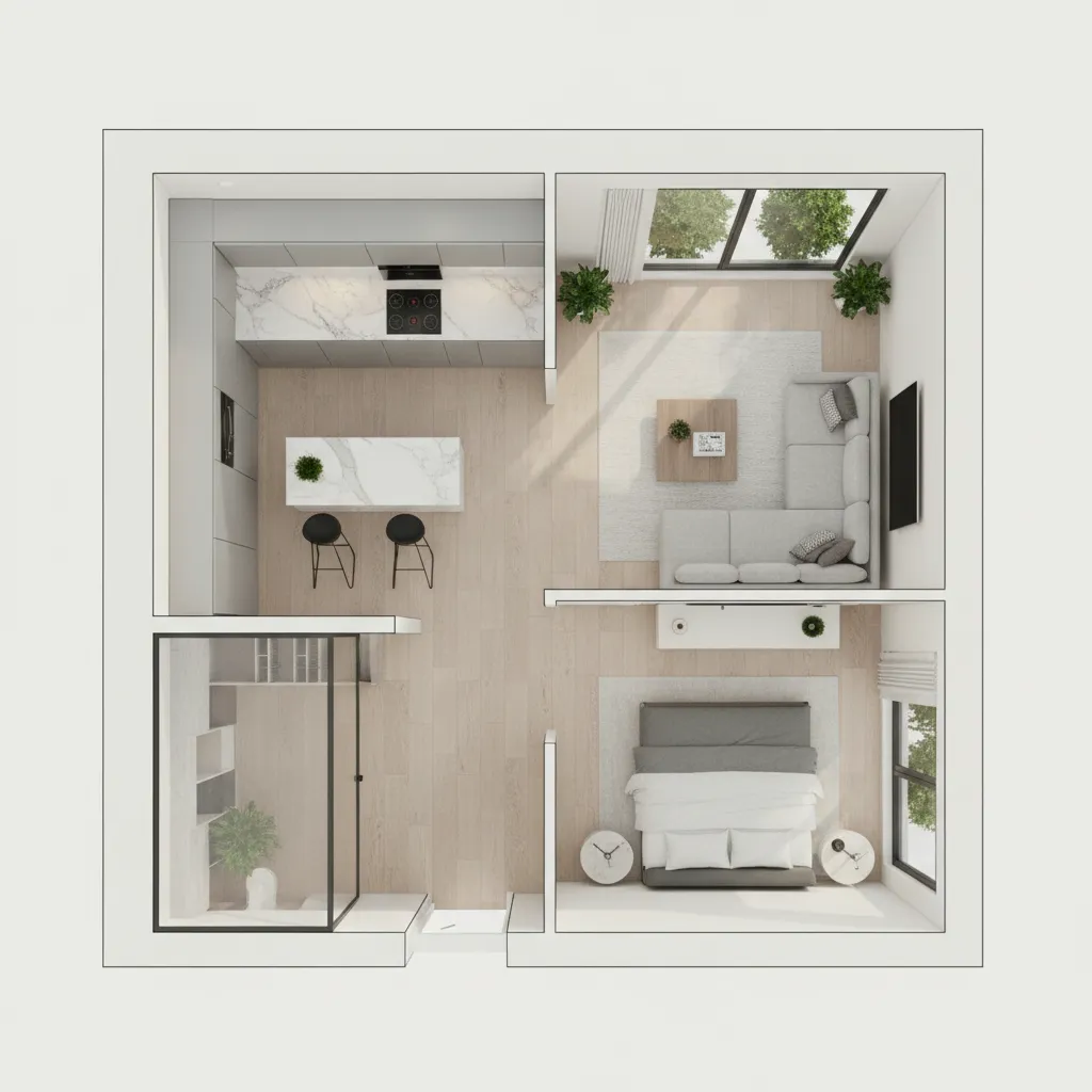 Plano 3D de una vivienda mostrando distribución de habitaciones