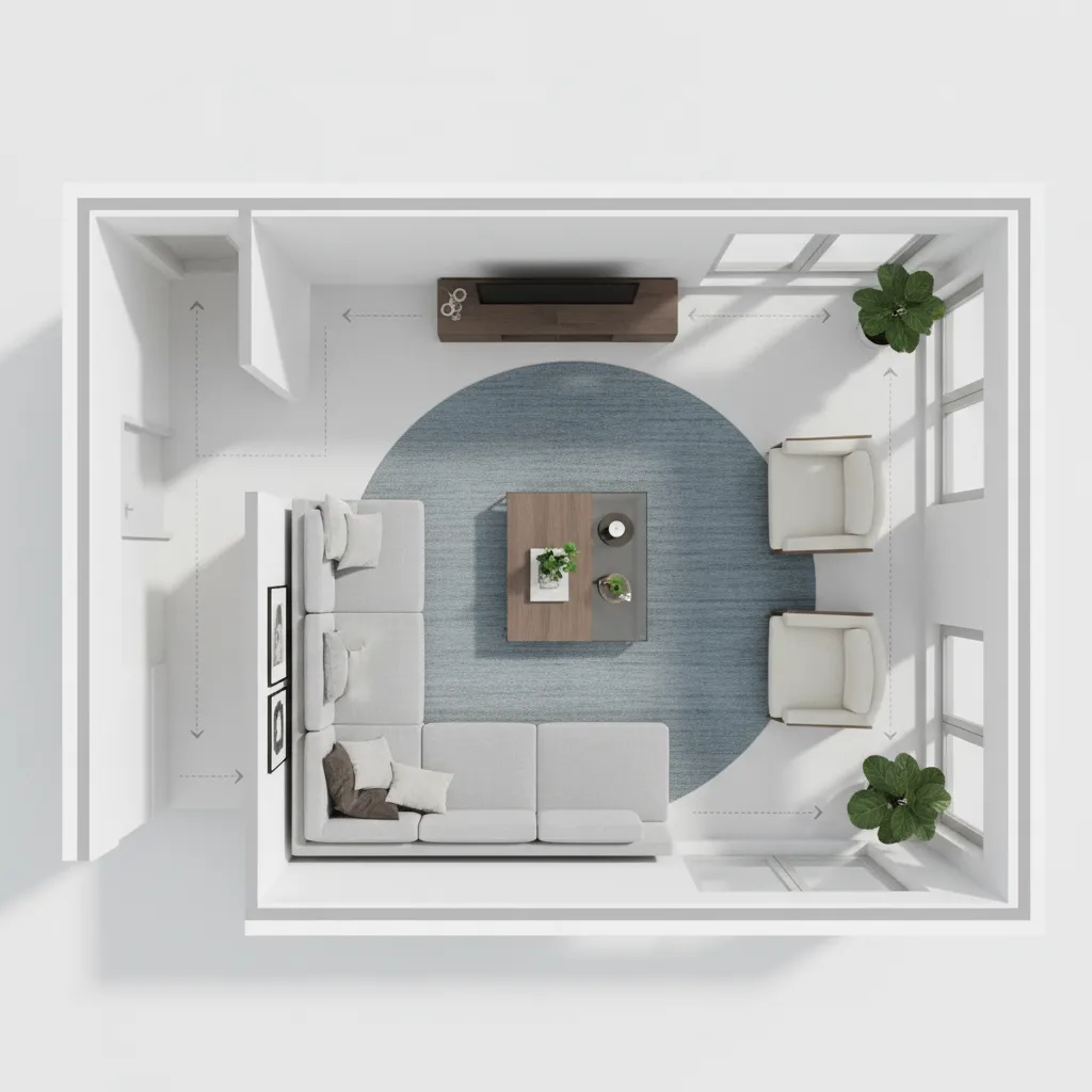 Plano de distribución de un salón con muebles y zonas marcadas