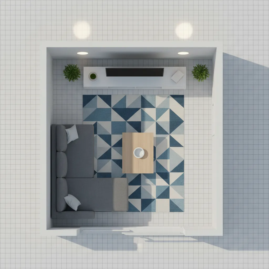 Plano digital de salón con muebles organizados en software de interiorismo