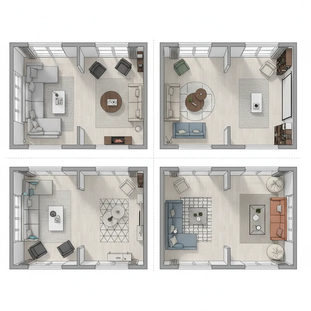 Four different interior design drawings showing various living room layout options with sofas and tables