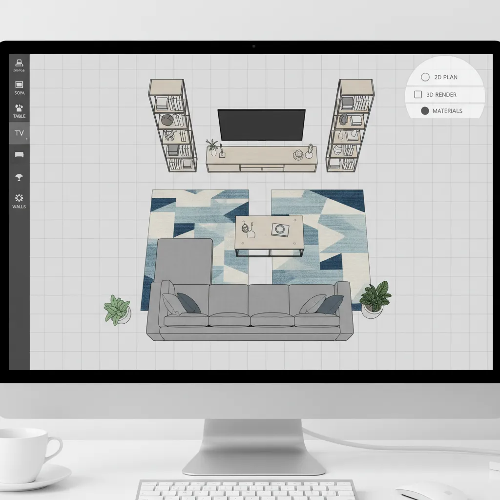 Diseño de distribución de salón con muebles en un plano digital
