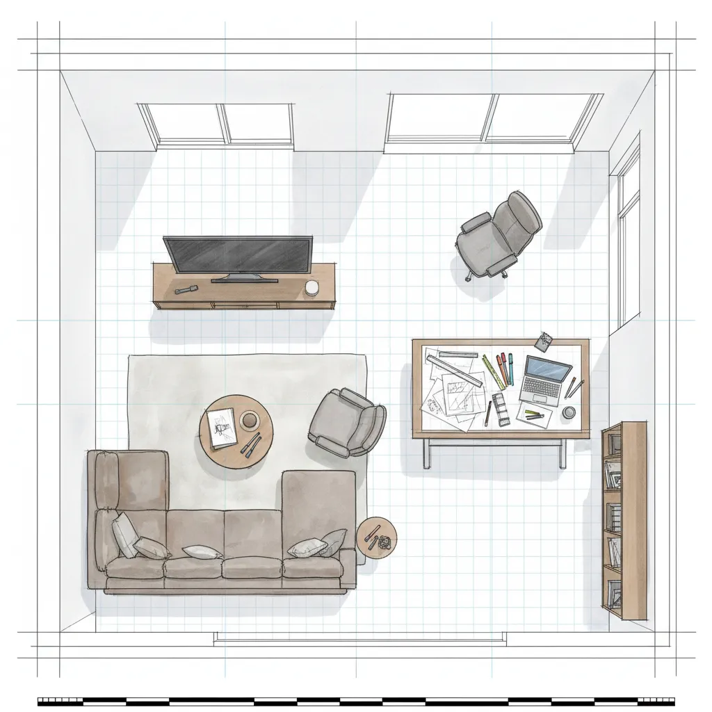 Plano de distribución de sala de estar con muebles y zonas marcadas