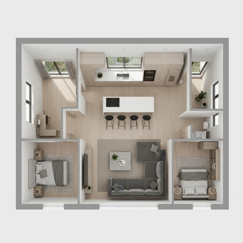 Diseño de distribución interior de una vivienda con varias habitaciones