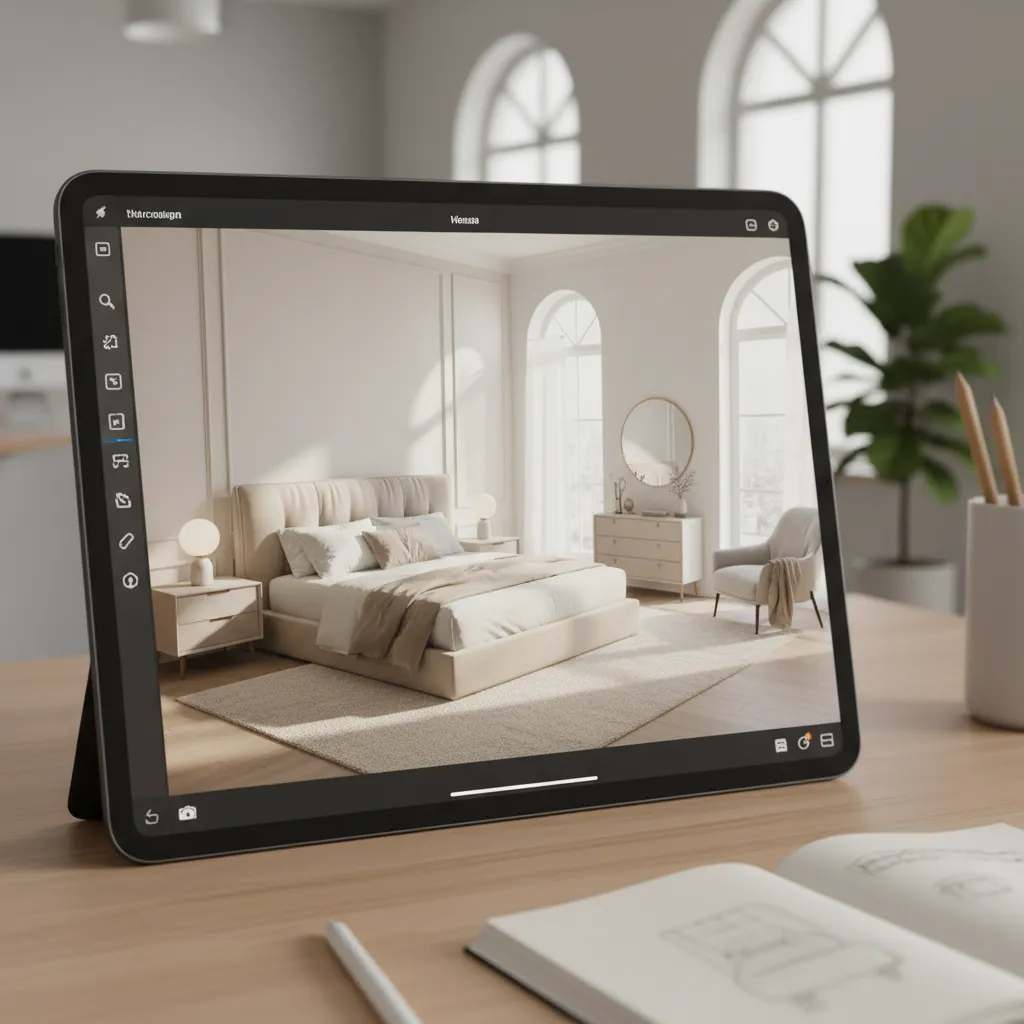 Tablet screen displaying a modern beige bedroom interior design drawing with bed dresser and chair