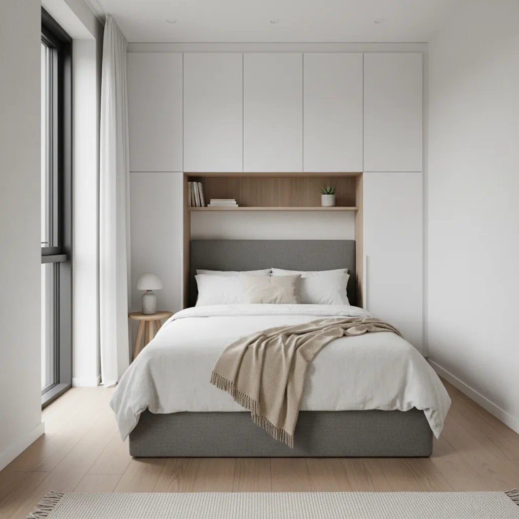 Dormitorio minimalista en segundo piso de una casa pequeña