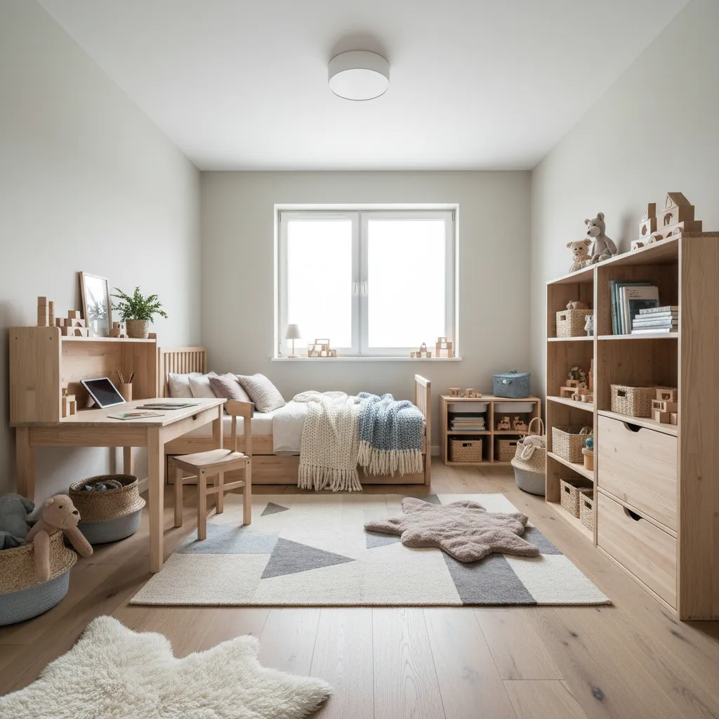 Modern kids bedroom featuring a wooden desk chair bed large window rug and tall bookshelf