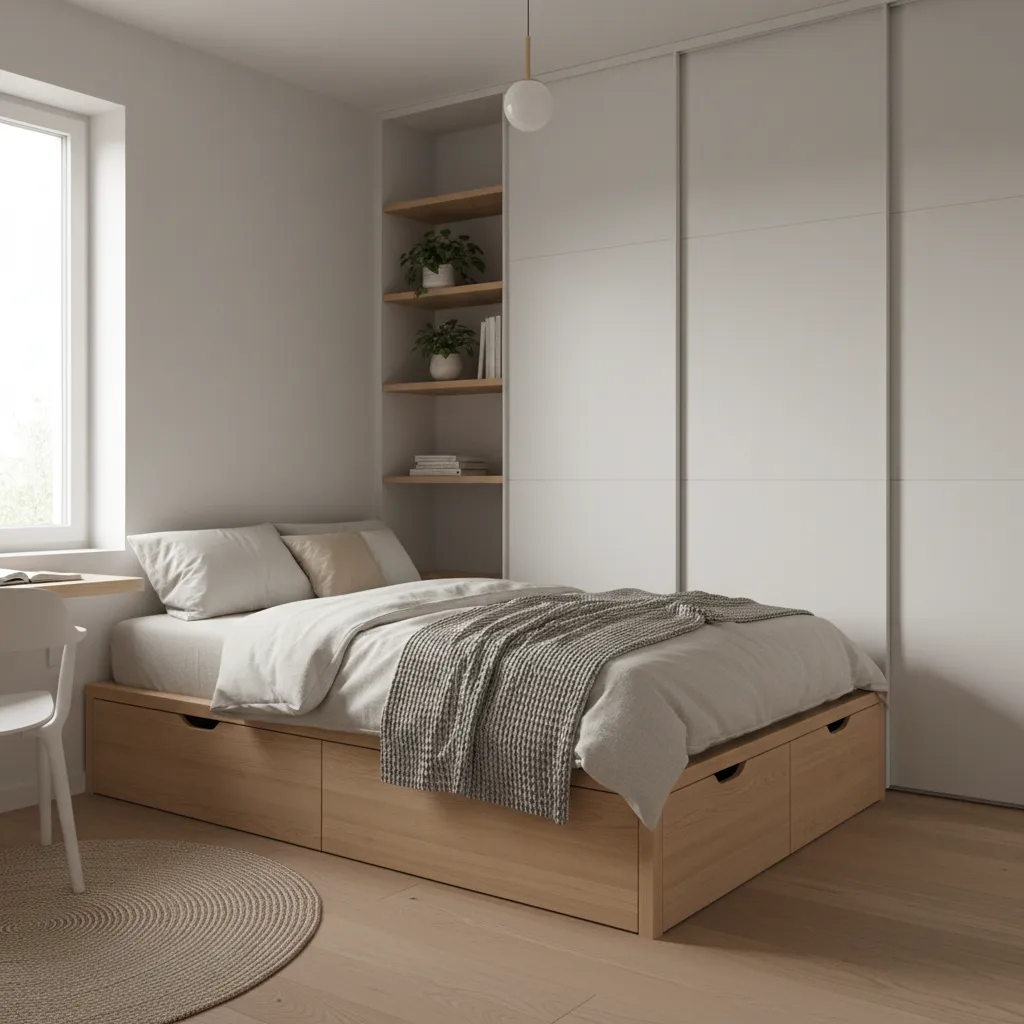 Dormitorio pequeño optimizado con almacenamiento