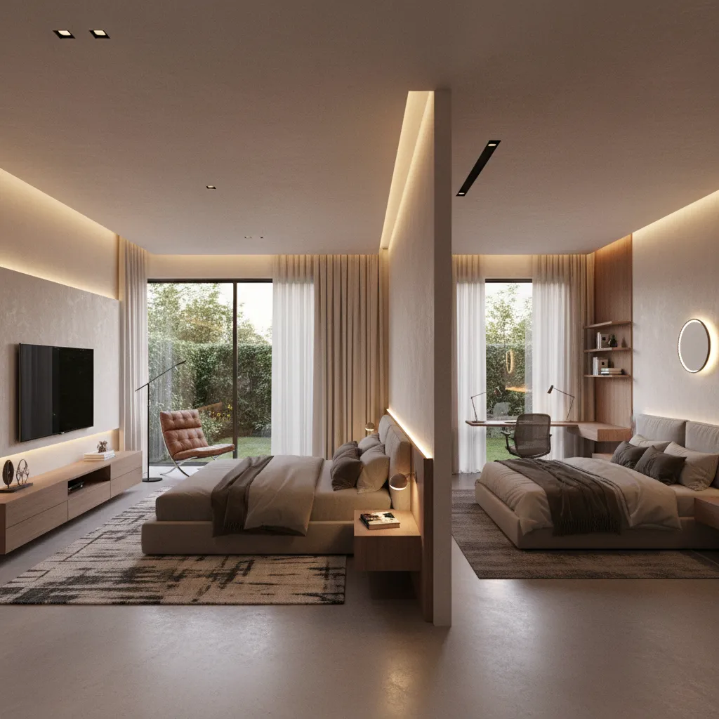 Two modern bedrooms with warm lighting separated by a wall showing beds and large windows