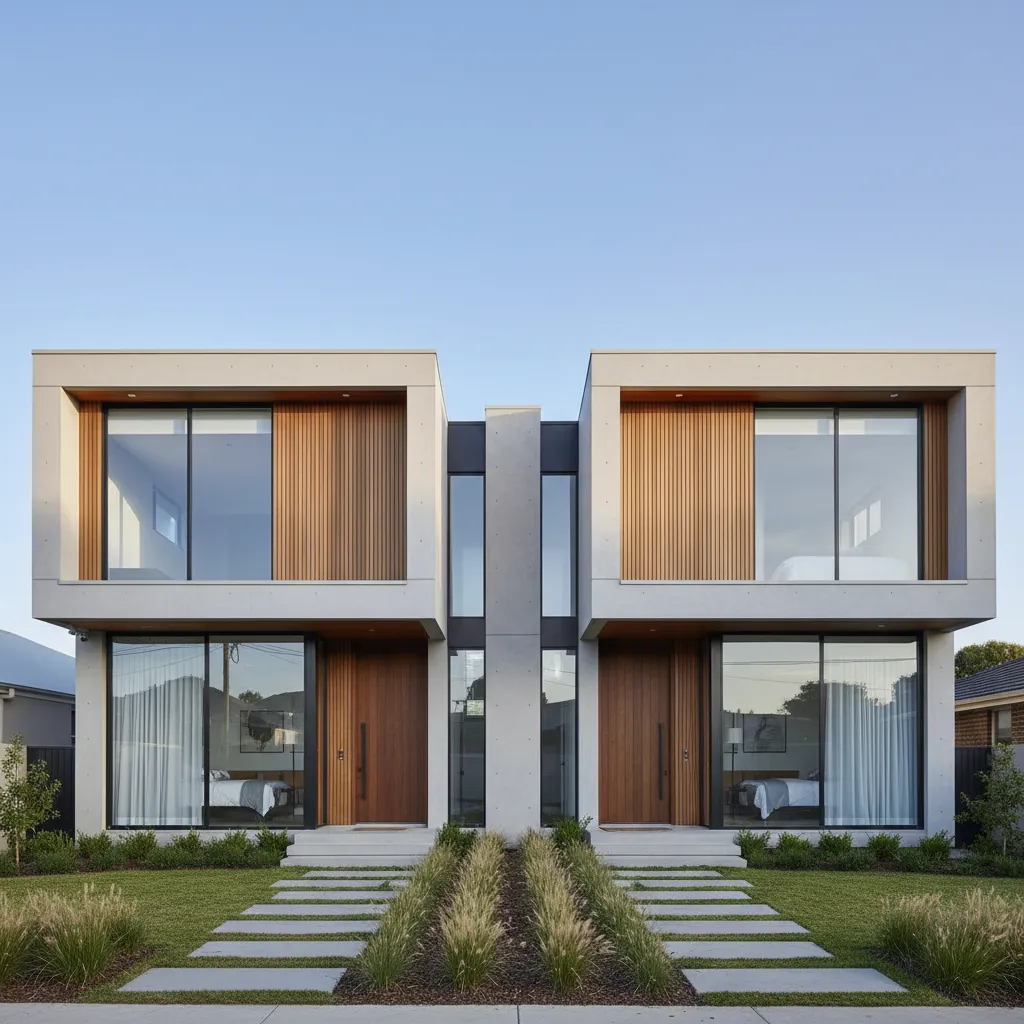 Front view of modern duplex house with concrete walls wood doors and large glass windows