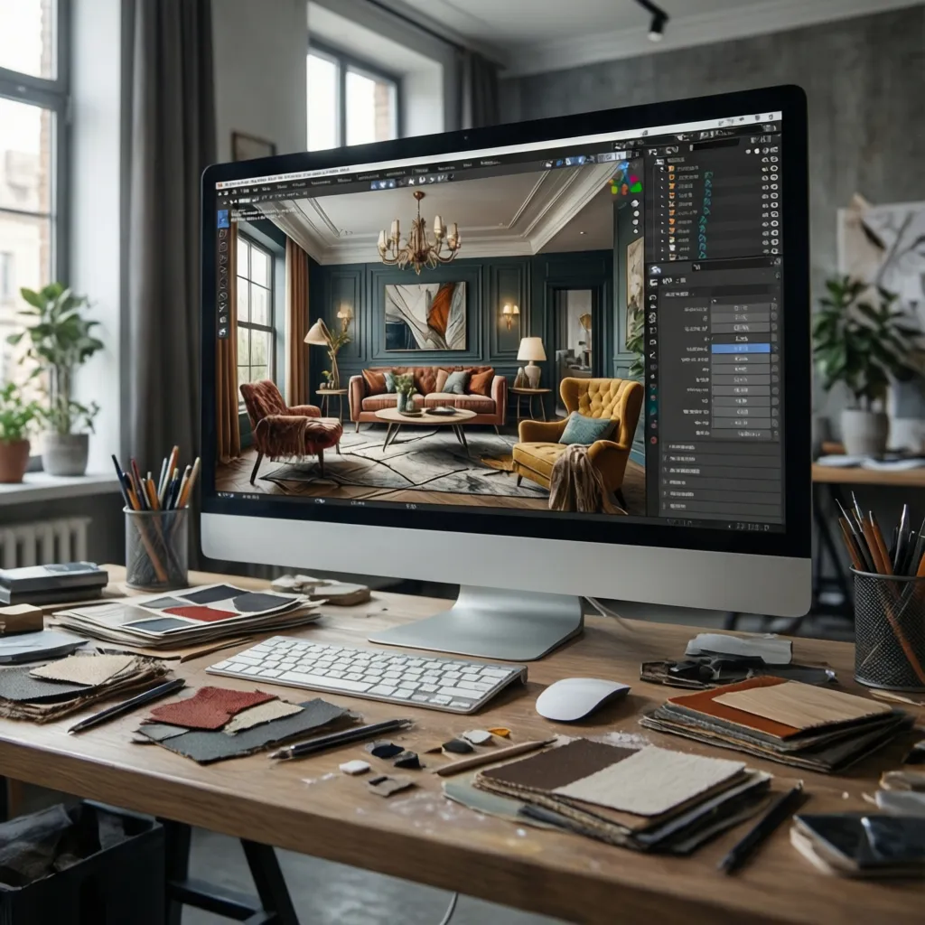 Interior design drawing on computer screen with fabric samples and tools on a wooden desk
