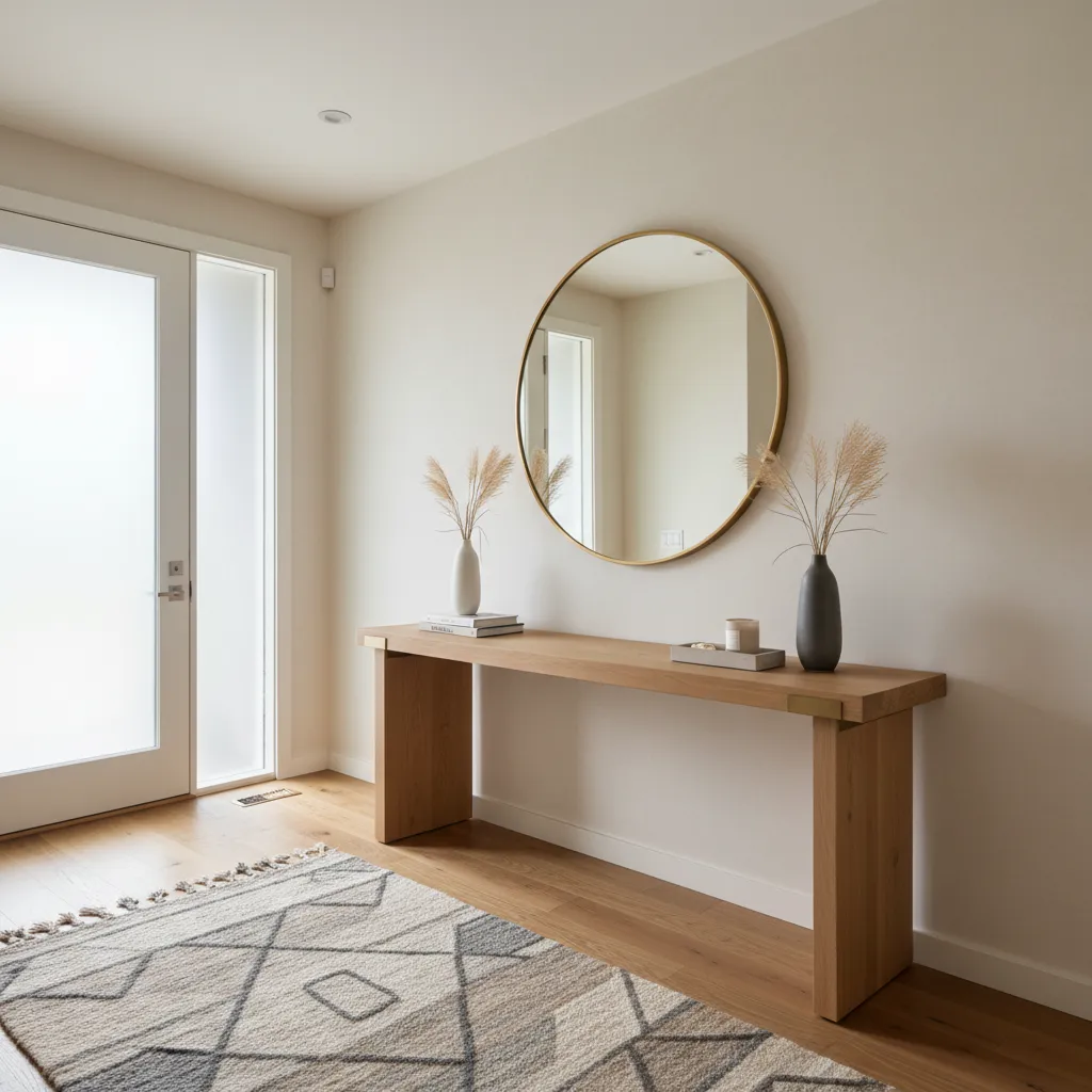 Bright entryway with light wood console table, round gold mirror, patterned rug, and glass door
