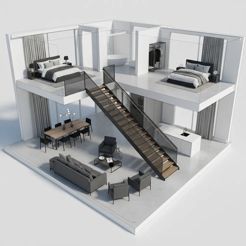 Modelo 3D de una escalera metálica dentro de un plano de vivienda