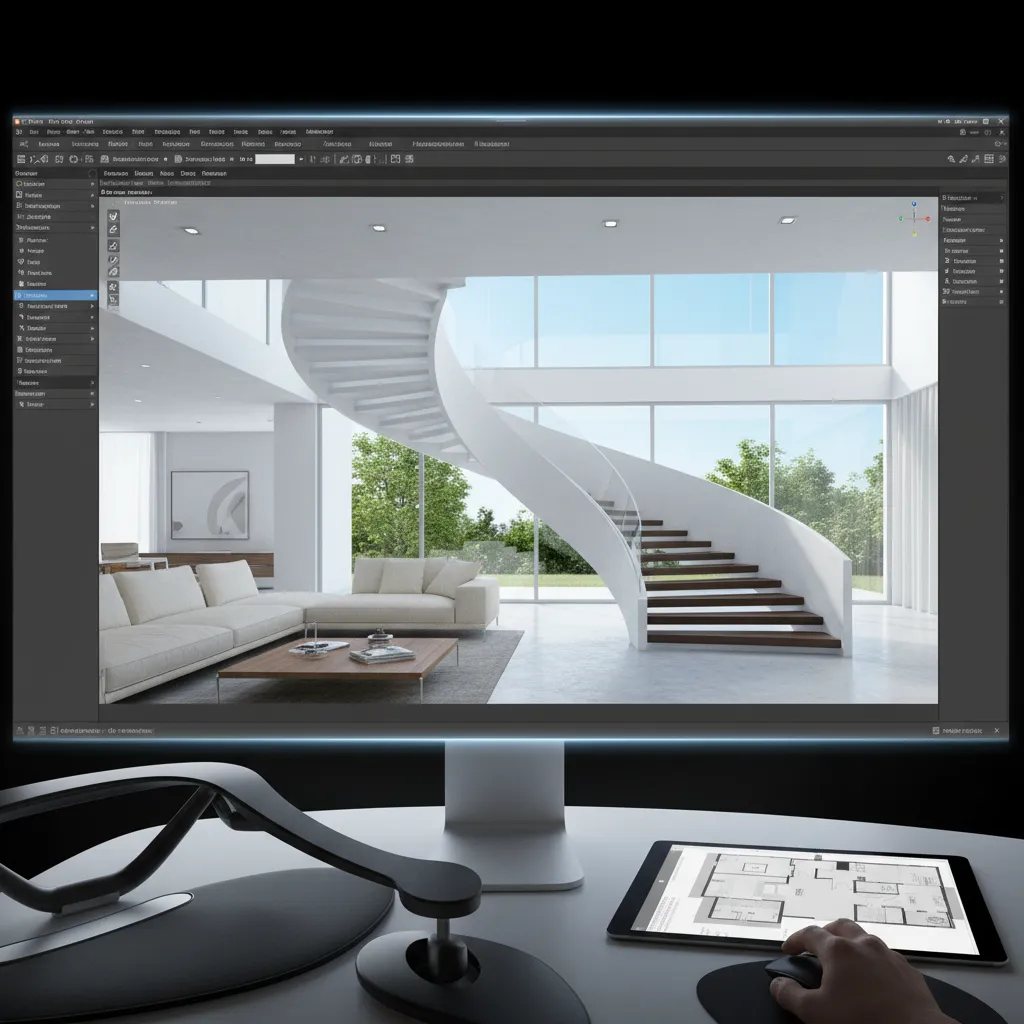 Visualización digital de una escalera interior en software de diseño