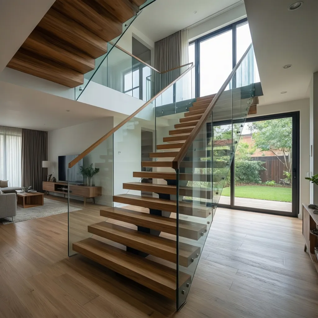 Open plan house with wooden stairs and glass railings leading to a bright living area