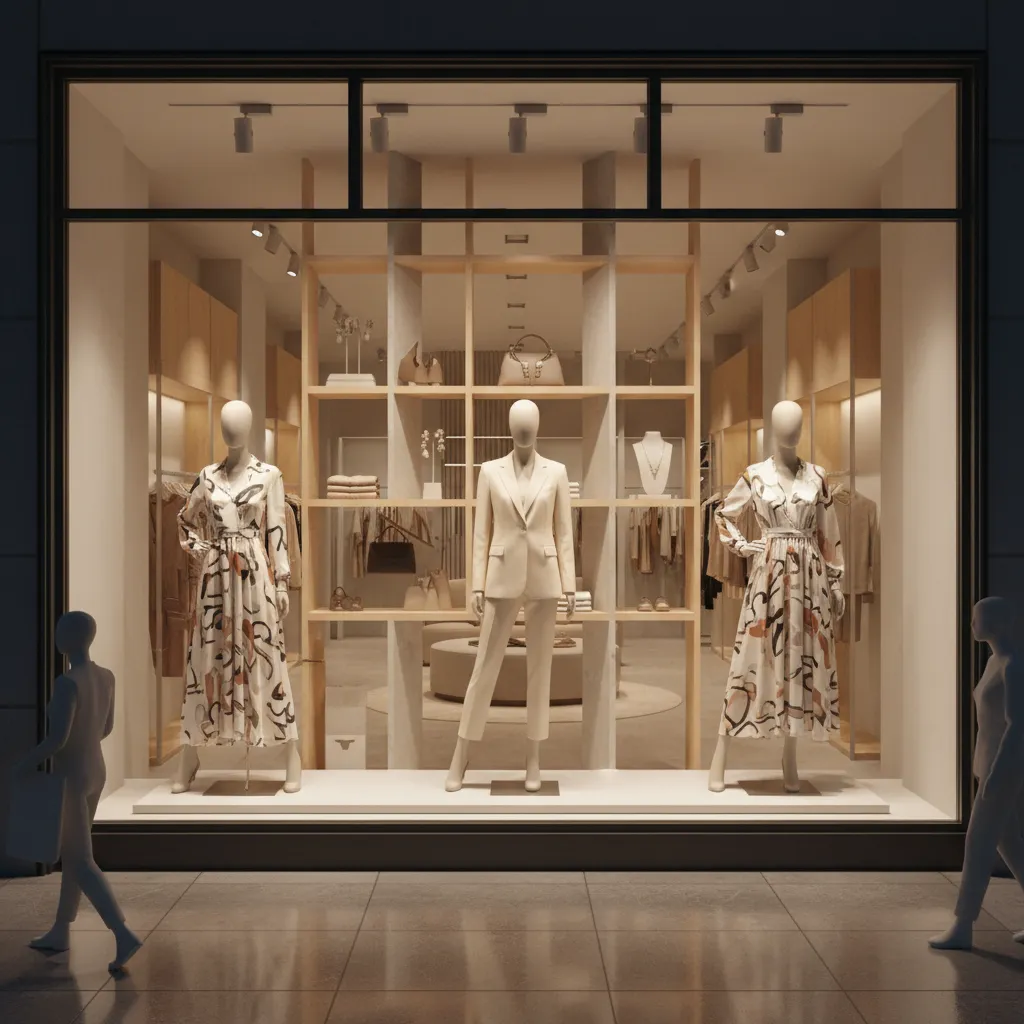 Modelo 3D de un escaparate comercial con iluminación y productos